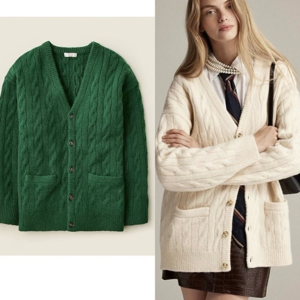 NWT JCREW S/M OVERSIZED GREEN THICK CABLED CARDIGAN SWEATER NEW NWT - Picture 4 of 9
